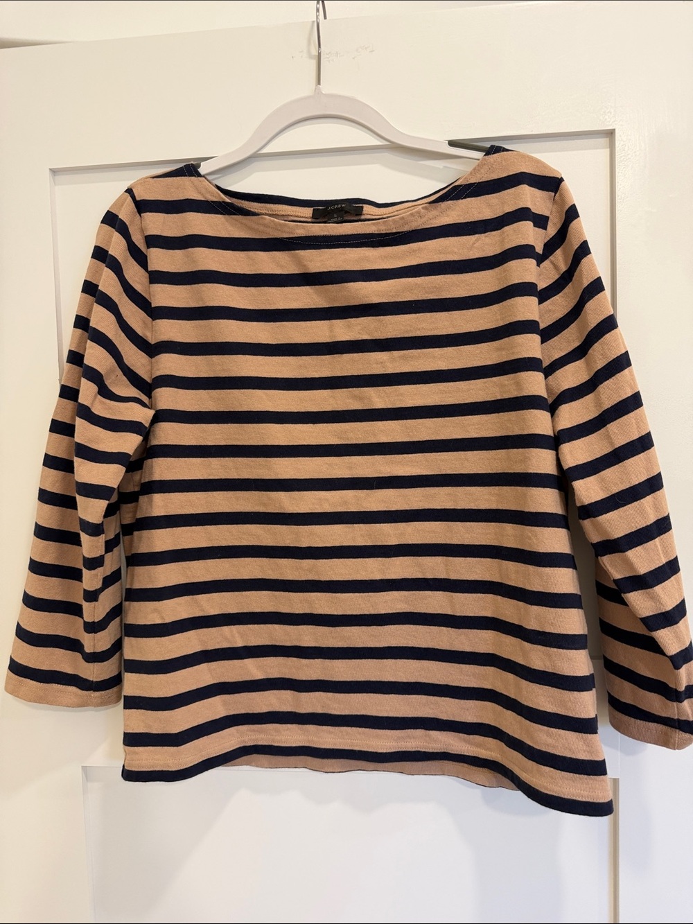 NWOT J.Crew 100% Cotton Breton Stripe Boatneck Top Navy Tan Long Sleeve Size L